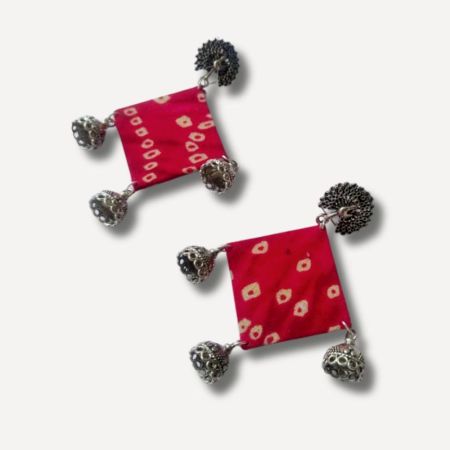 Pink Bandhani Fabric Jhumka Earrings For Women